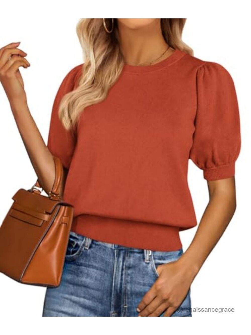 Womens Puff Short Sleeve Sweater Crew Neck Loose Fit Knit Top